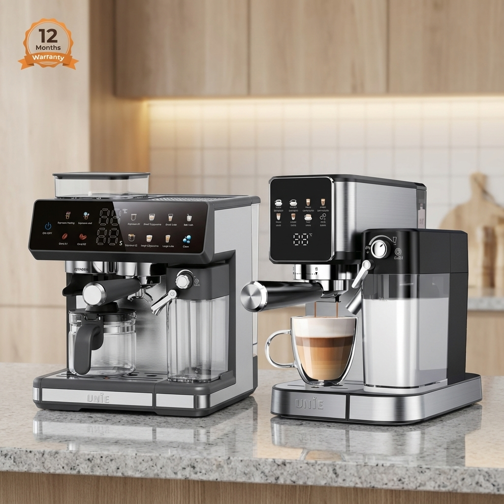 اسپرسوساز حرفه‌ای UNIE مدل UE-398 با کنترل دیجیتال و طراحی مدرن.